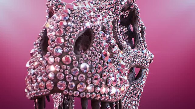 an image of a dinosaur skull strewn with crystals