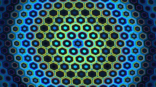 Glowing neon blue and yellow hexagon honeycomb abstract background pattern loop