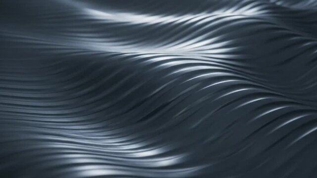 Dark metallic surface with parallel wavy lines creating a fluid motion effect. High-contrast reflections on charcoal gray steel ridges with shallow depth of field and soft lighting.