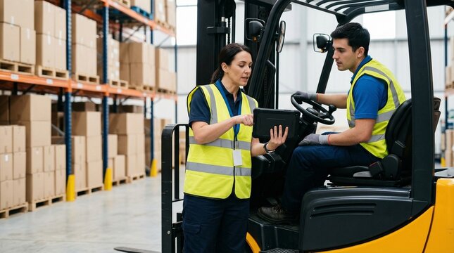 Female supervisor pointing at tablet with forklift operator in warehouse full of palletized boxes
