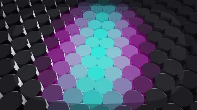 Abstract 3d geometric background with glowing neon color wave over black hexagonal grid