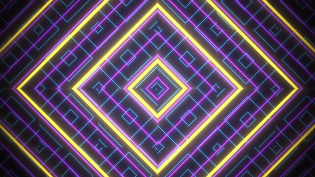 Abstract neon diamond geometric pattern animated loop in glowing yellow and purple