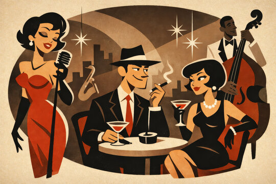 Retro-Illustration einer Jazzbar: S&auml;ngerin im roten Kleid auf der B&uuml;hne, Band mit Saxofon, Kontrabass und Schlagzeug, elegantes Paar am Tisch bei Kerzenlicht, urbane Kulisse im Vintage-Stil.