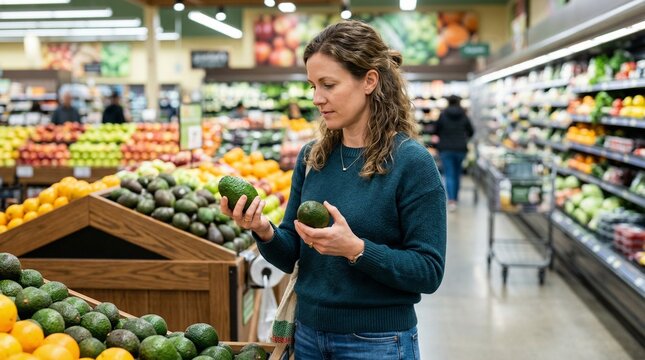 Woman in teal sweater comparing two avocados in supermarket produce aisle under fluorescent lighting