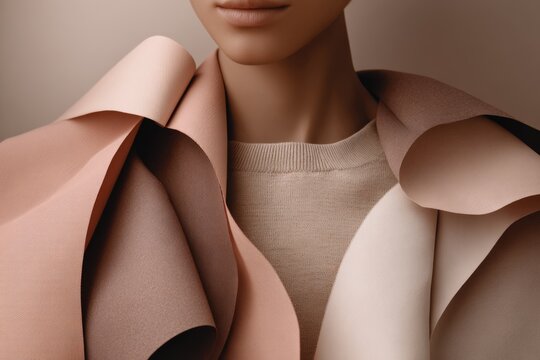 Female wearing elegant pastel jacket with unique fabric folds