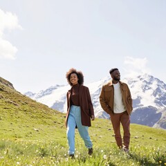 Obraz premium Adult african female and male couple walking uphill in alpine meadow with distant glacier peaks and clear sky enjoying spring sunshine