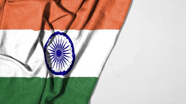 Waving Indian Flag Tricolor With Ashoka Chakra On Textured Linen Fabric Background