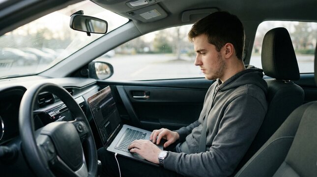 Young man in hoodie typing on laptop in parked car interior during daylight