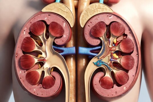 Two human kidneys are displayed, illustrating their internal structure and blood vessels.
