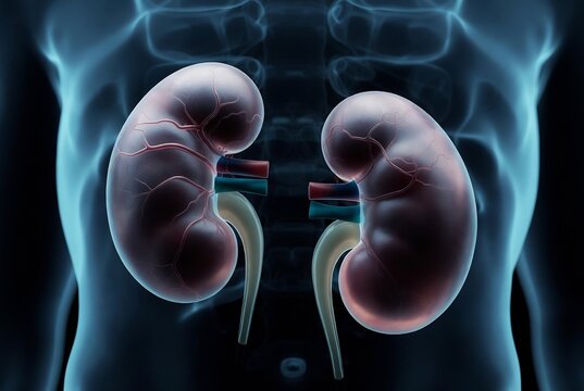 Kidneys are depicted, illustrating a medical rendering of the human kidneys.