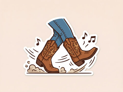 Cowboy Legs Shuffle Dance Vector Illustration, Western Boots with Spurs in Fun Cartoon Motion, Playful Country Dance Character, Bold Outline Sticker Style Graphic Design Element Isolated on White Back