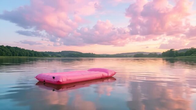 A pink raft floats on a calm lake under a colorful sky at sunset. The water reflects the light