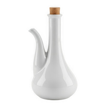A classic white ceramic cruet bottle with a long thin neck and a natural cork stopper for oil