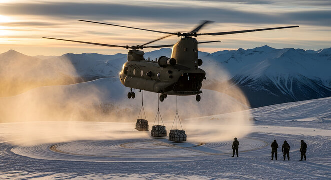 Military Chinook helicopter delivering cargo in a snowy mountain landscape. Army transport aircraft on a supply mission with soldiers on the ground. Arctic warfare operation at sunset