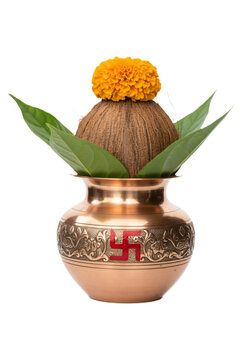 Traditional Copper Kalash with Swastika Symbol Mango Leaves Coconut and Marigold Flower for Akshaya Tritiya Puja Setup on White Background for Greeting Card and Social Media Design