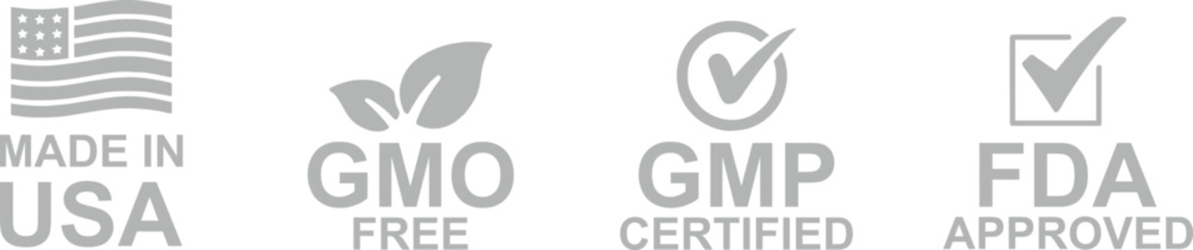 Four products badges MADE IN USA, NON GMO, GMP CERTIFIED, FDA APPROVED. 