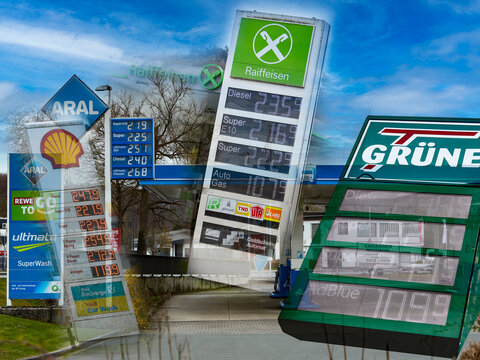 Arnsberg, NRW, Germany, 2026 04 03, a collage of several petrol station price boards, symbolising the sharp rise in petrol and diesel prices in Germany