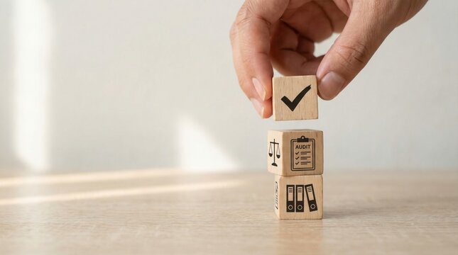 Hand Stacking Cubes with Check Mark: A hand carefully stacks wooden cubes, culminating in one bearing a check mark, symbolizing success and approval, all set against a clean backdrop.
