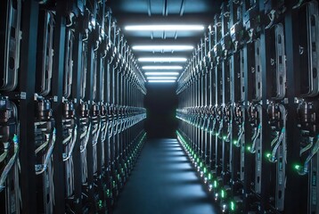 Fototapeta premium A server farm, a long corridor of servers illuminated by fluorescent lights.