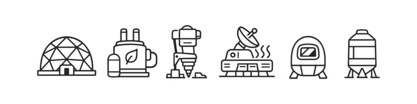 Collection of futuristic technology and habitat icons for space exploration and sustainable living