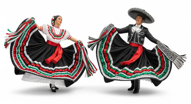 Mexican couple dancing traditional Jarabe Tapat&iacute;o folk dance in colorful attire  