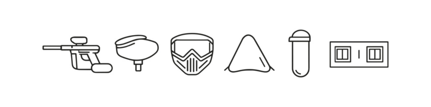 Collection of paintball equipment icons including marker, hopper, mask, and timer