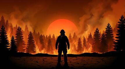 Fototapeta premium Firefighter Silhouette Facing Forest Fire and Sunset