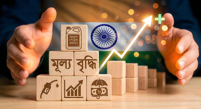 Economic growth and development symbolized by indian elements and global finance icons