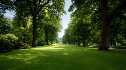 Obraz premium A sun d d green lawn stretching between tall trees in a serene park landscape