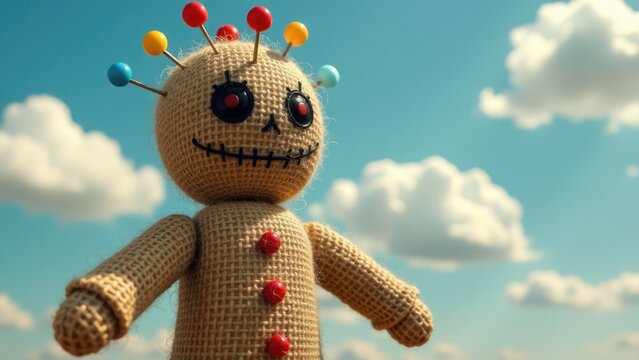 A voodoo doll with pins stuck in its head, used for various purposes including spiritual practices and decorative items