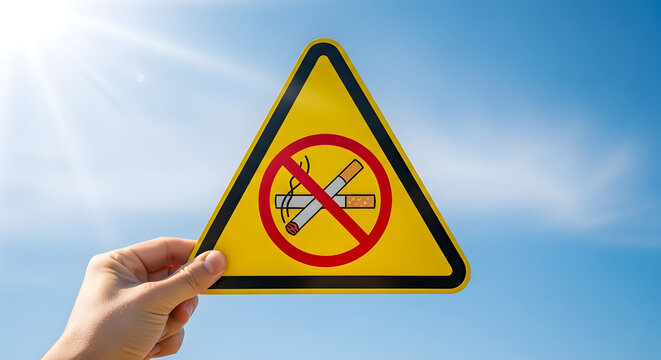 Hand holding yellow no smoking warning sign against blue sky