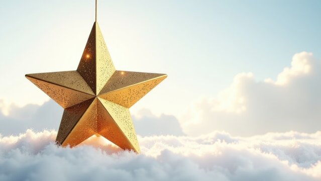 A single gold star hangs from a rope suspended high above the clouds, symbolizing hope and dreams