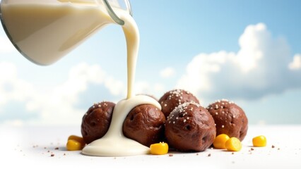 A person pours milk onto food on a table, ready for consumption
