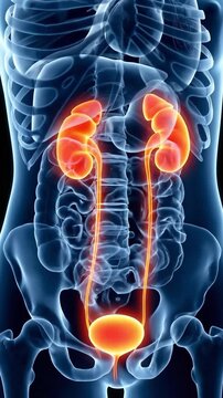 Human urinary system illustration featuring kidneys, ureters, and bladder in glow effect, suitable for medical education, healthcare content, anatomy study, and scientific research.