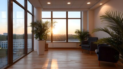 Fototapeta premium Modern office lounge area with large overlooking a sunset city view