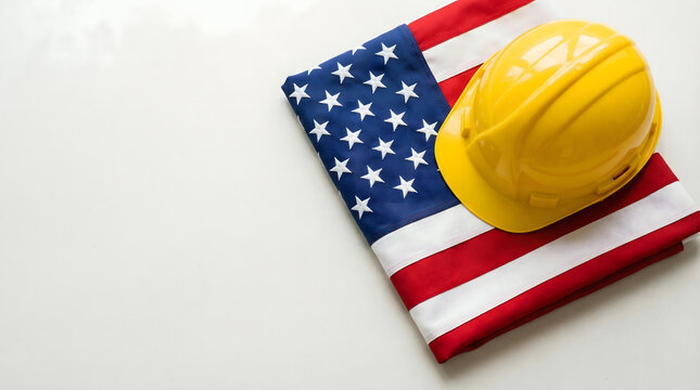 American Flag and Hard Hat: USA Labor, Construction, Patriotism and Industry Concept