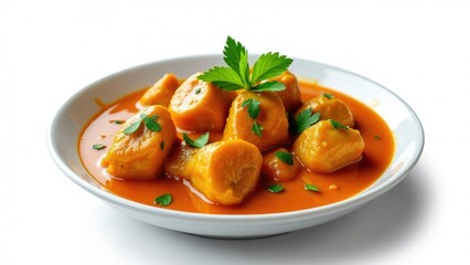 A white bowl filled with warm stew and various vegetables