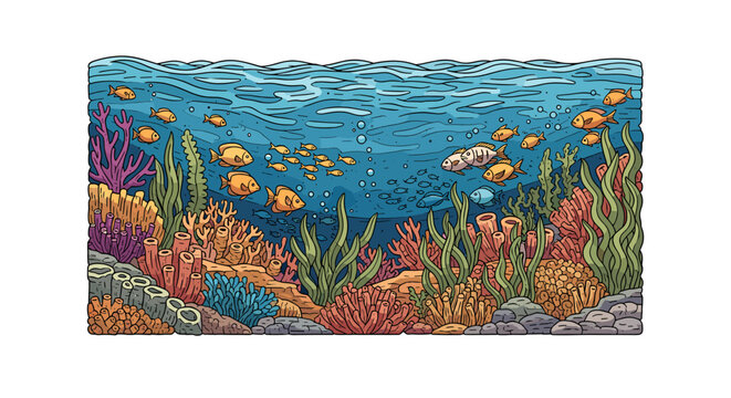 A vibrant, cartoon-style illustration of a coral reef section, evoking a sense of wonder and showcasing the beauty of marine ecosystems. Ideal for edu