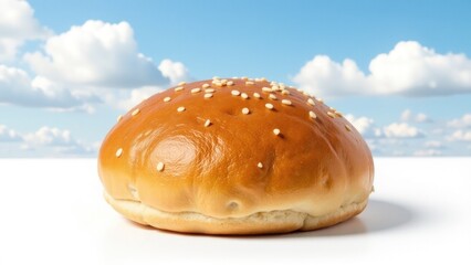 A close-up view of a sesame seed bun, perfect for food photography or branding uses