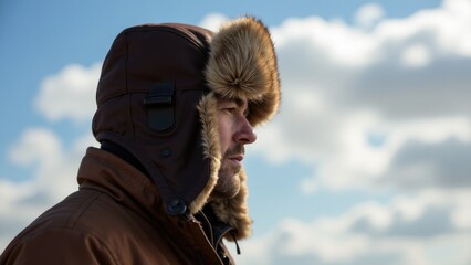 Obraz premium A man dressed in a brown jacket and fur hat, possibly outdoors
