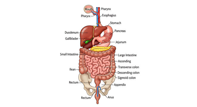 Comprehensive Diagram of the Human Digestive System with Labeled Organs for Medical Education and Biology Study