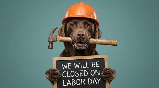 Dog wearing hard hat, holding hammer and 'Closed on Labor Day' sign