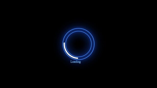 Neon blue glowing circular loading animation with progress dots on black background