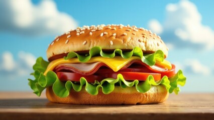 A juicy hamburger topped with crisp lettuce, ripe tomato, and melted cheese