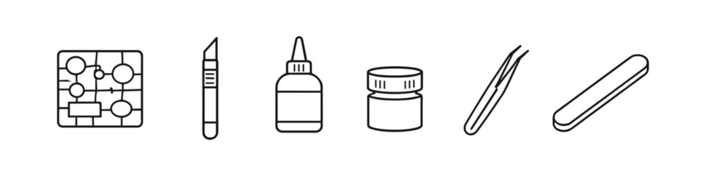 Hobby modeling tools including sprue, craft knife, glue, paint, tweezers, and file