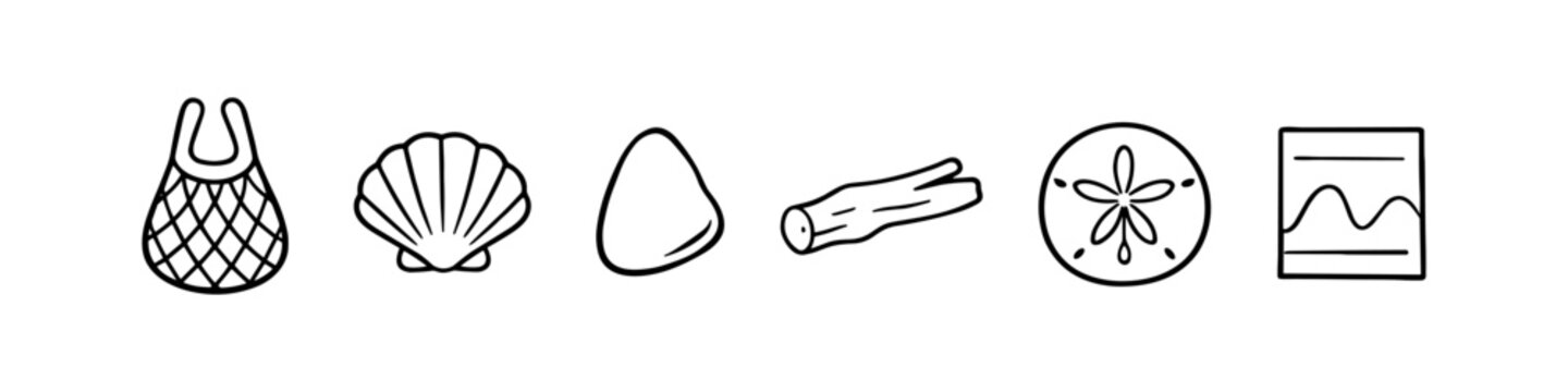 Collection of beach-themed icons including a net bag, shell, stone, driftwood, and sand dollar