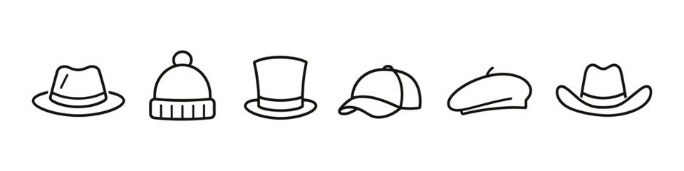 Fototapeta premium Collection of diverse hat icons in a simple line art style