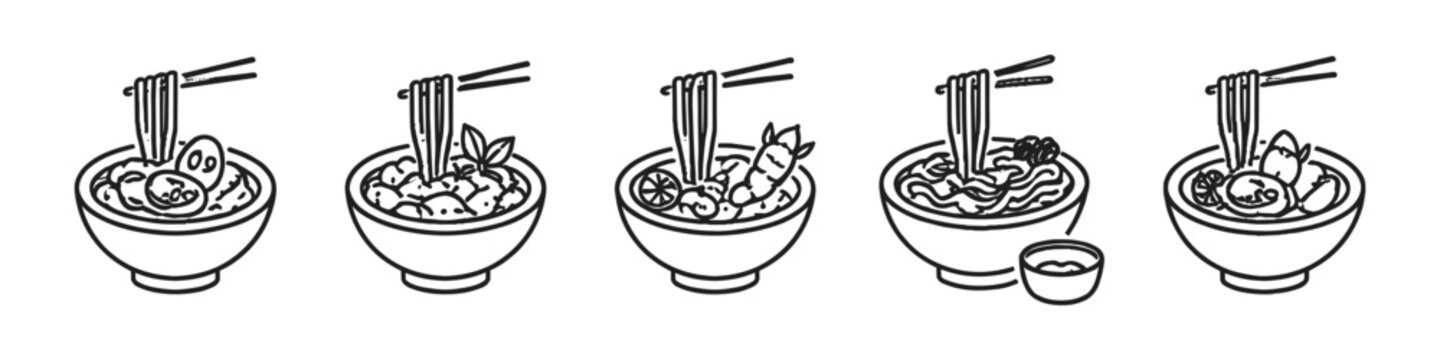 Collection of five hand-drawn bowls of delicious Asian noodle soup dishes