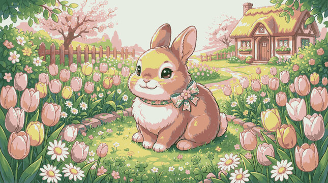 Brown bunny sitting in a vibrant spring garden with flowers and a house
