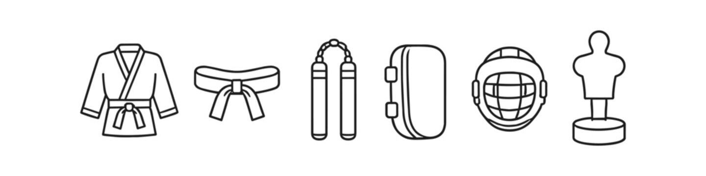 Collection of martial arts equipment icons including uniform, belt, nunchucks, pads, and headgear